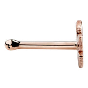 Side profile of 14K rose gold butterfly nose bone showing rounded tip and post length