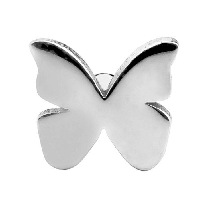 Close-up front view of 14K white gold butterfly charm showing polished wing detail