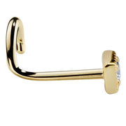 Side profile of 14K yellow gold square CZ nose ring showing L-shaped bone post length
