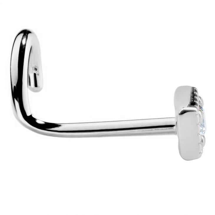 Side profile of 14K white gold square CZ nose ring showing L-shaped bone post and flat head