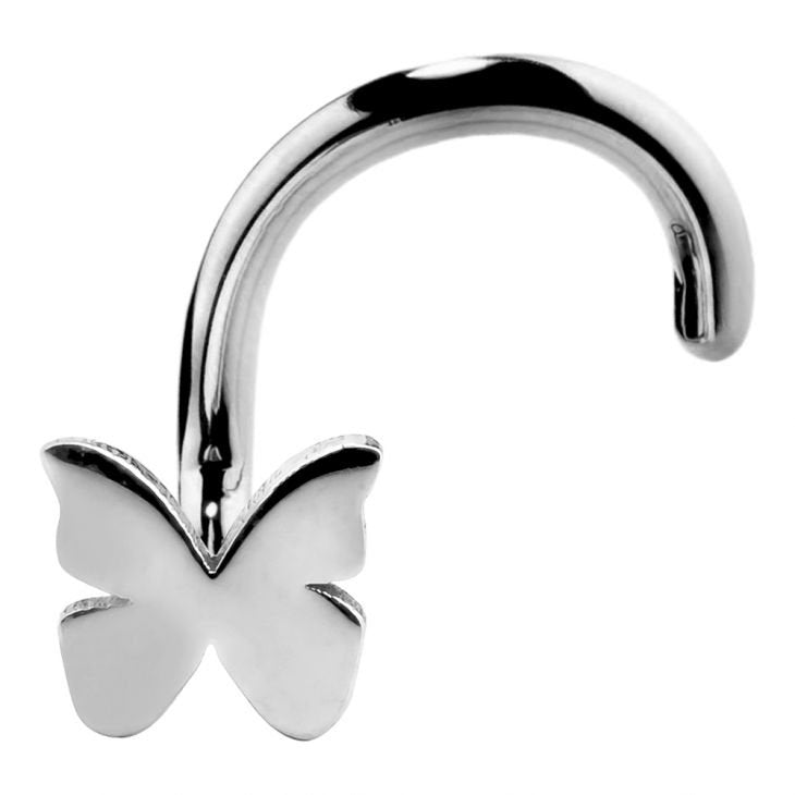 14K white gold butterfly nose ring twist style, front view on white background