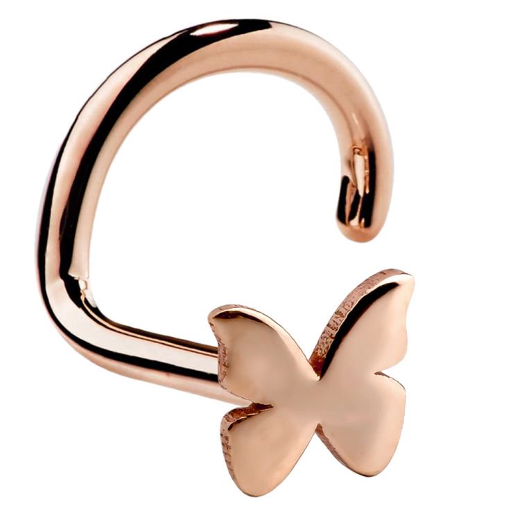 14K rose gold butterfly nose ring twist style, angled view showing polished screw and charm
