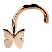 14K rose gold butterfly nose ring twist style, front view showing polished butterfly charm