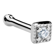 14K white gold square CZ nose bone stud, angled view showing ball end and beaded square bezel