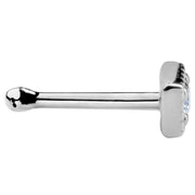 Side profile of 14K white gold square CZ nose bone stud showing straight post and ball end