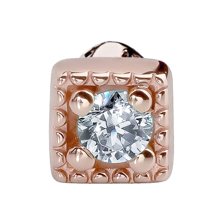 Close-up front view of 14K rose gold square CZ nose ring head showing beaded border and CZ sparkle