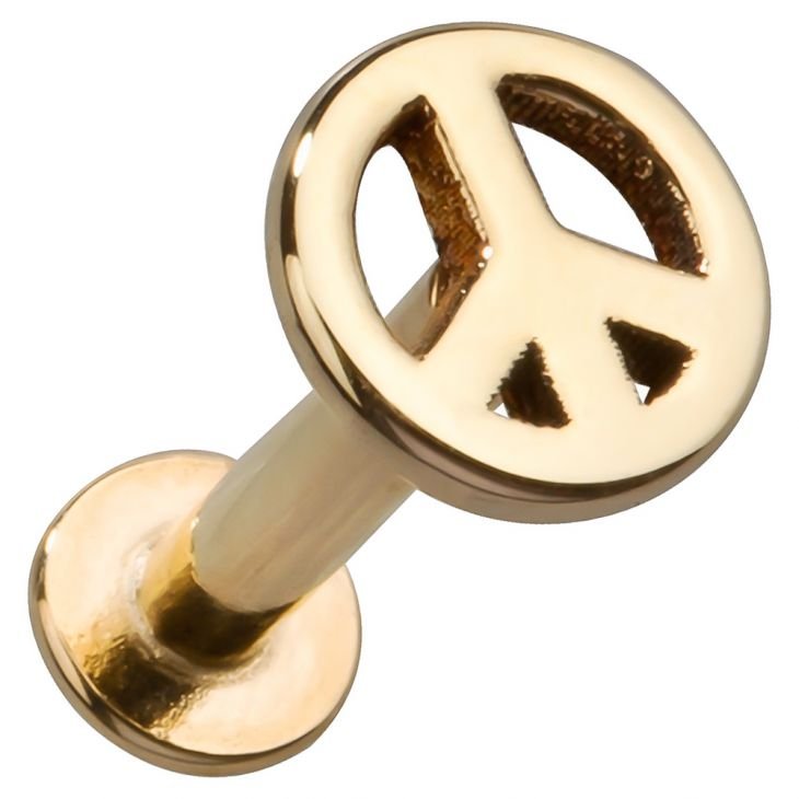 14K yellow gold peace sign flat back labret stud, angled view showing disc top and flat backing