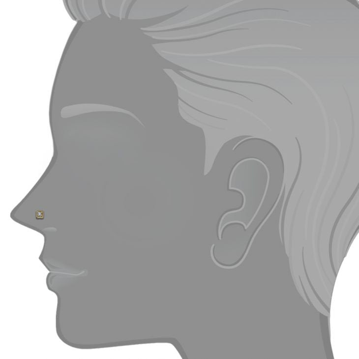 14K yellow gold square CZ nose ring shown on face silhouette to illustrate dainty fit and scale