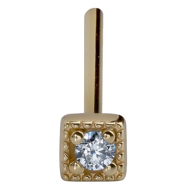 14K yellow gold square CZ nose ring with straight pin post, front-facing angled view of head