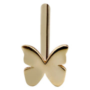 Front view of 14K yellow gold butterfly nose ring straight post, charm facing forward with post visible above