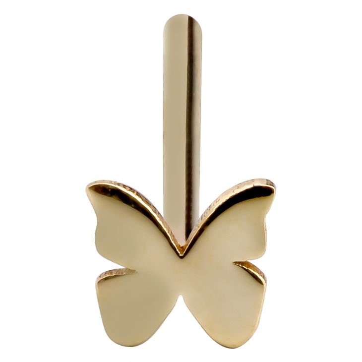 Front view of 14K yellow gold butterfly nose ring straight post, charm facing forward with post visible above