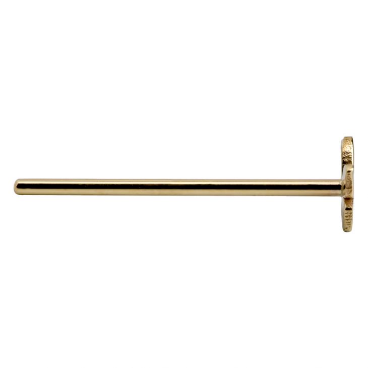 Side profile of 14K yellow gold butterfly nose ring straight post showing full pin length