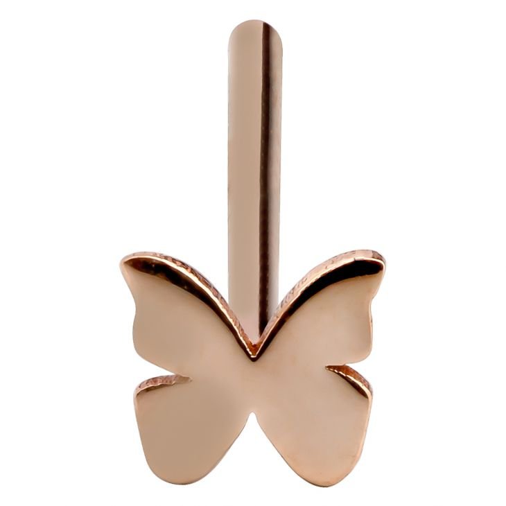 Front view of 14K rose gold butterfly nose ring straight post, charm facing forward with post above