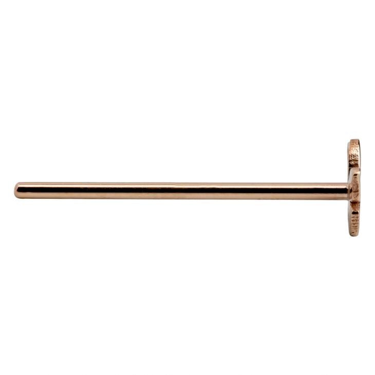 Side profile of 14K rose gold butterfly nose ring straight post showing full pin length