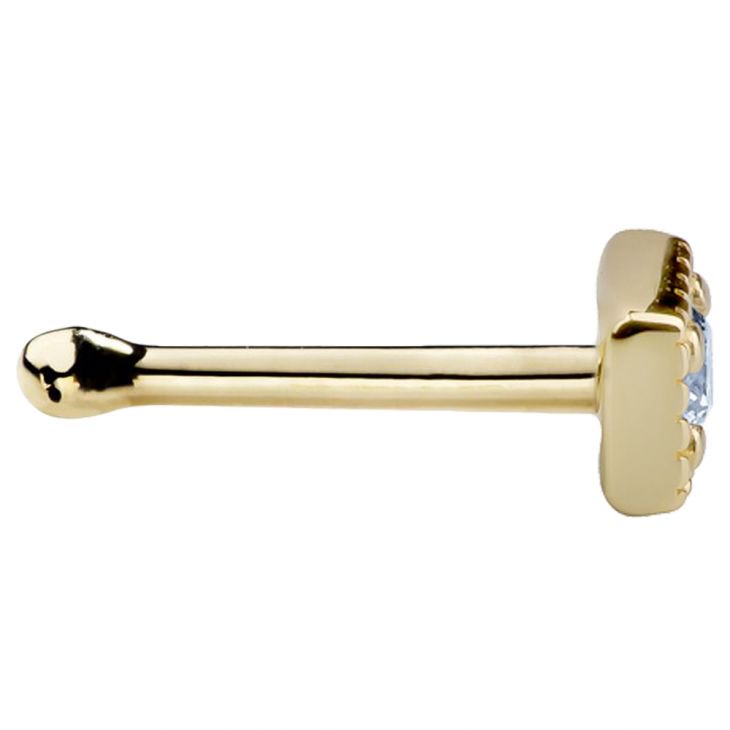 Side profile of 14K yellow gold square CZ nose bone stud showing straight post and ball end