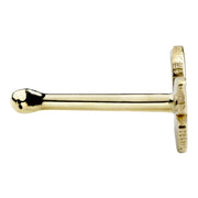 Side profile of 14K yellow gold butterfly nose bone showing rounded tip and post length