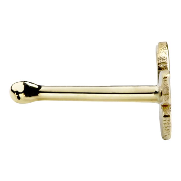 Side profile of 14K yellow gold butterfly nose bone showing rounded tip and post length