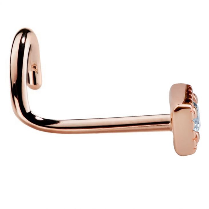 Side profile of 14K rose gold square CZ nose ring showing L-shaped bone post and square head