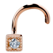 14K rose gold square CZ nose ring with twist post, front view showing warm gold tone and bezel