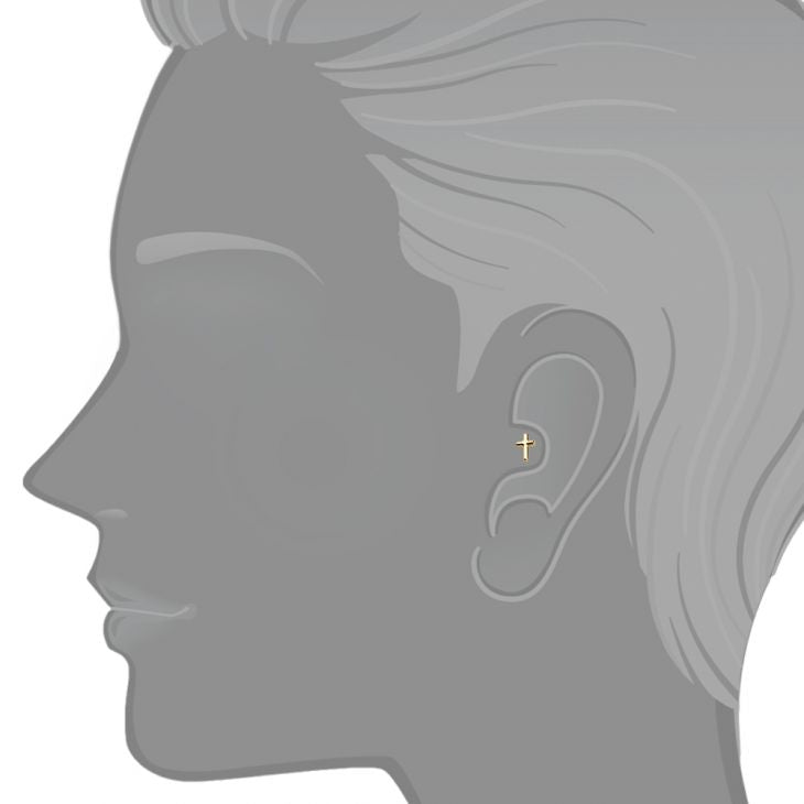 14K gold cross cartilage earring shown in tragus piercing on illustrated ear diagram