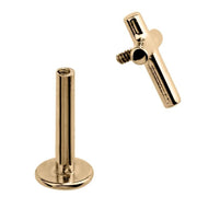 14K yellow gold cross labret disassembled, showing threaded post and screw-on cross top separately