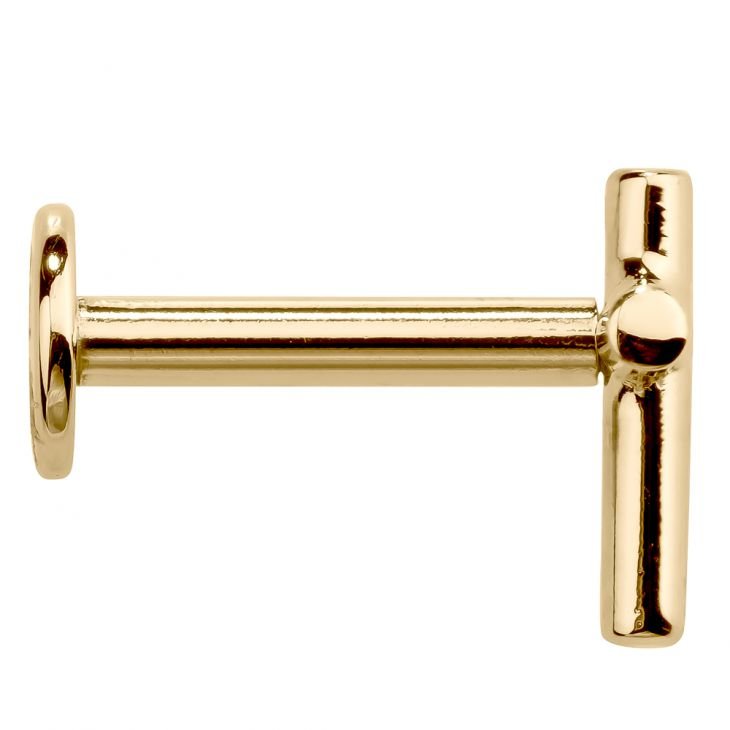 Side profile of 14K yellow gold cross labret showing full post length and flat back disc