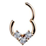 14K rose gold CZ clicker ring shown open, revealing hinged segment mechanism and clicker closure