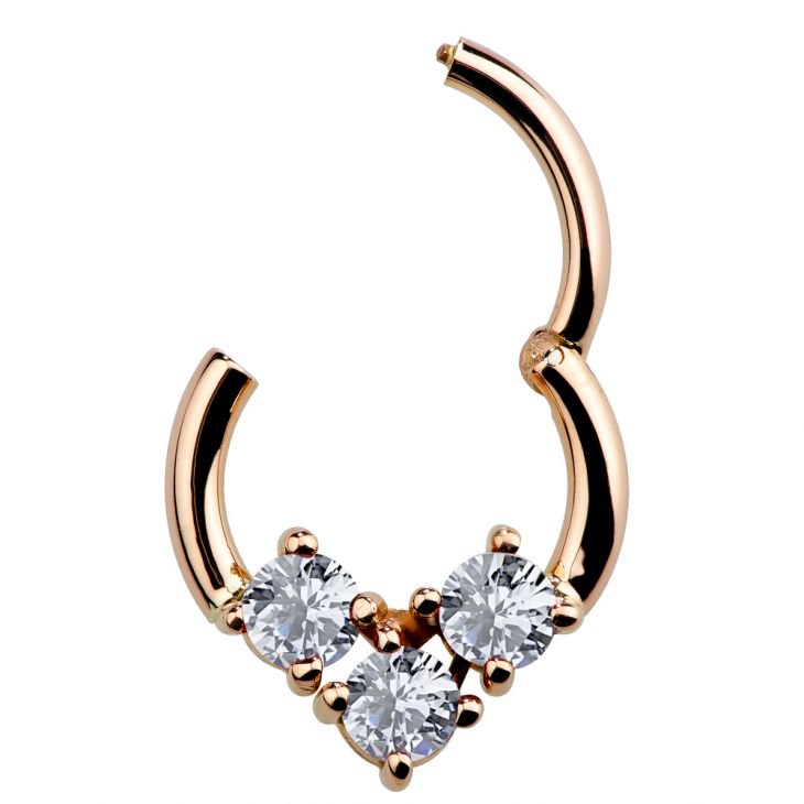 14K rose gold CZ clicker ring shown open, revealing hinged segment mechanism and clicker closure