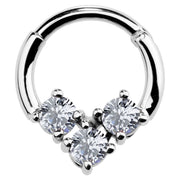 14K white gold hinged segment clicker ring with triple CZ cluster, front view on white background