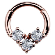 14K rose gold CZ hinged clicker ring showing triangular three-stone setting, front view