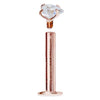 14k rose gold heart CZ labret disassembled, showing internally threaded post separated from gem top