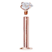 14k rose gold heart CZ labret disassembled, showing internally threaded post separated from gem top