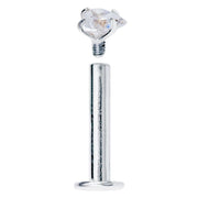 14k white gold heart CZ labret disassembled, showing internally threaded post separated from gem top