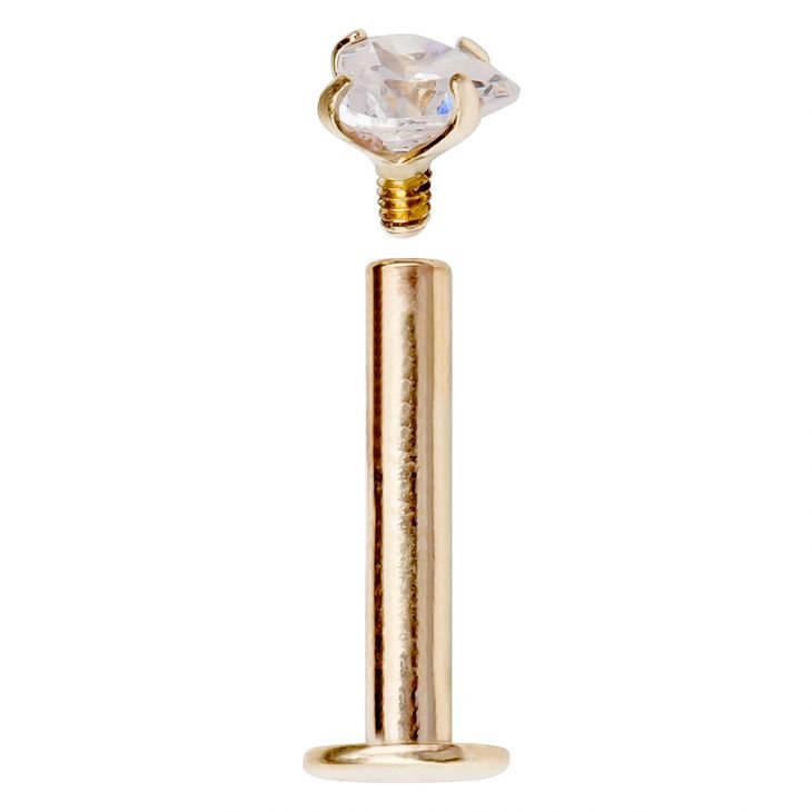 14k yellow gold heart CZ labret disassembled, showing internally threaded post separated from gem top