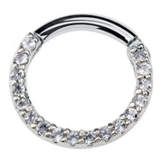 14K white gold CZ pavé hinged clicker ring, front view showing silver-toned setting