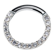 14K white gold diamond pave clicker ring, front view with polished plain segment top