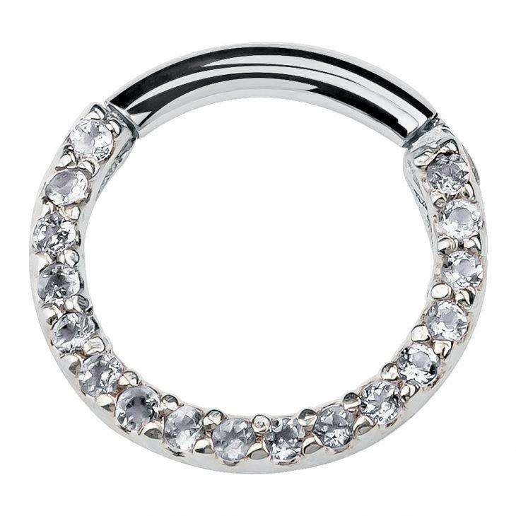 14K white gold diamond pave clicker ring, front view with polished plain segment top