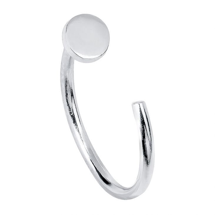 14K white gold nail nose ring hoop, front view showing round flat disc top and dainty open hoop
