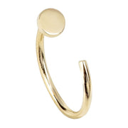 14K yellow gold nail nose ring hoop, front view showing round flat disc and spiral open hoop