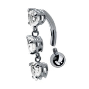 14K white gold internal reverse belly ring angled view highlighting threaded ball end and curved barbell