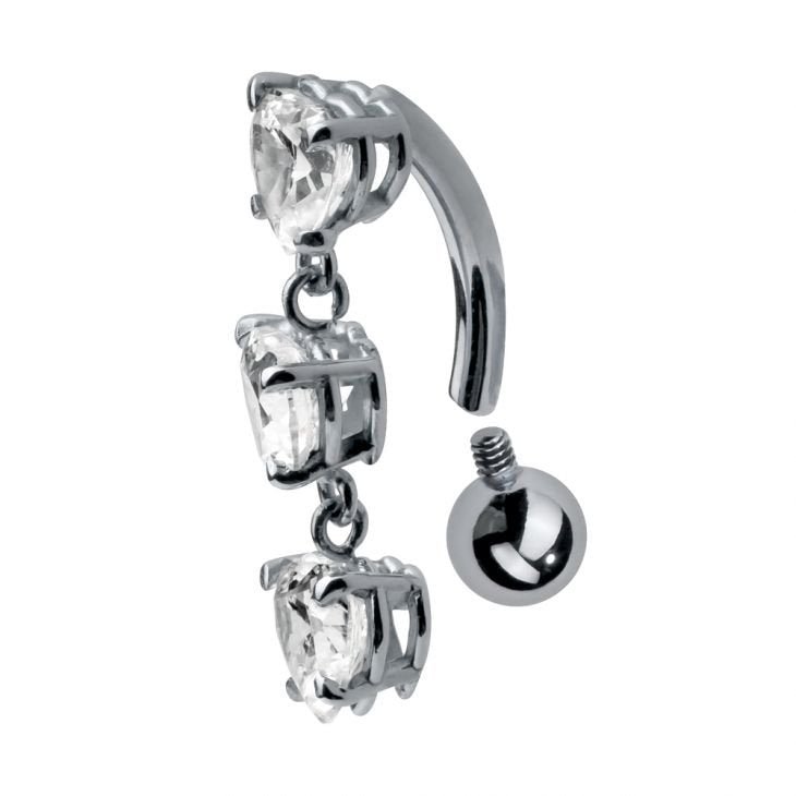 14K white gold internal reverse belly ring angled view highlighting threaded ball end and curved barbell