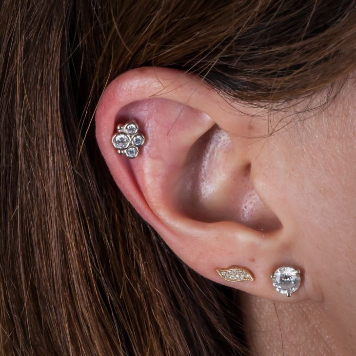 Cubic Zirconia Bezel Cluster 14K Gold Internal Stud Cartilage Earring