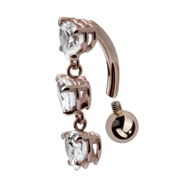 14K rose gold internal reverse belly ring angled back view showing curved barbell and screw-on ball