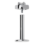 Disassembled internally threaded labret post in silver showing flat back disc, barbell, and eye-shaped end