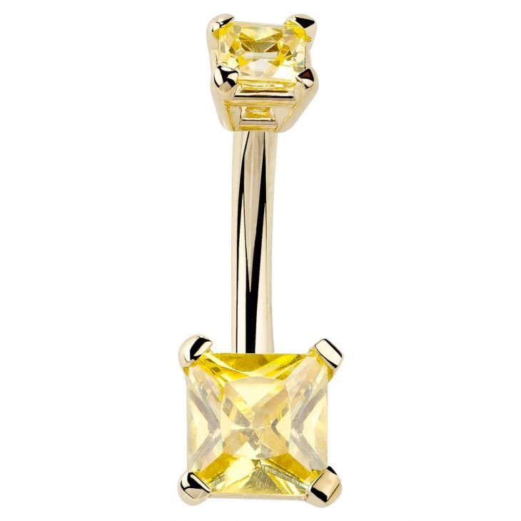 Front view Citrine Cubic Zirconia Princess-Cut 14K Gold Belly Ring