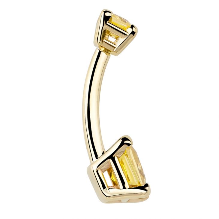 Side profile of 14k yellow gold citrine CZ belly ring showing curved barbell and basket-set square stones