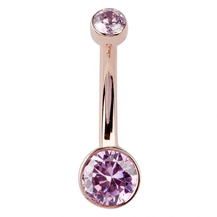 14K rose gold Petite Bella belly ring with dual pink CZ bezel settings, straight front view