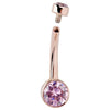 14K rose gold navel ring with pink CZ, internally threaded top ball detached to show screw mechanism