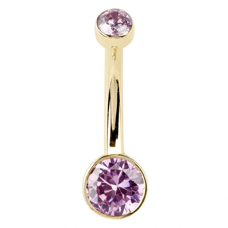 14K yellow gold Petite Bella belly ring with bezel-set pink CZ, front view showing stone size
