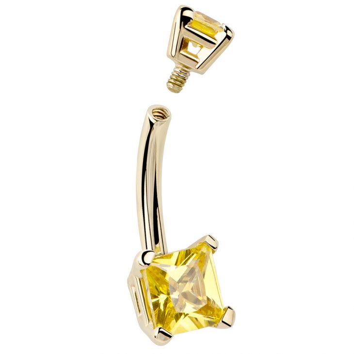 Internally Threaded Citrine Cubic Zirconia Princess-Cut 14K Gold Belly Ring